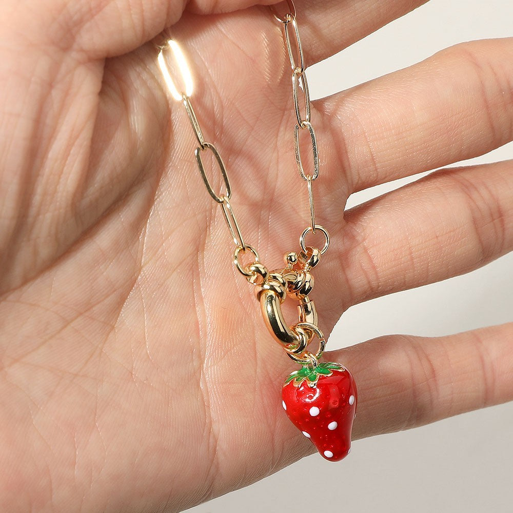 Gold Paperclip Chain Necklace Strawberry Charm Enameled Fashion Jewelry