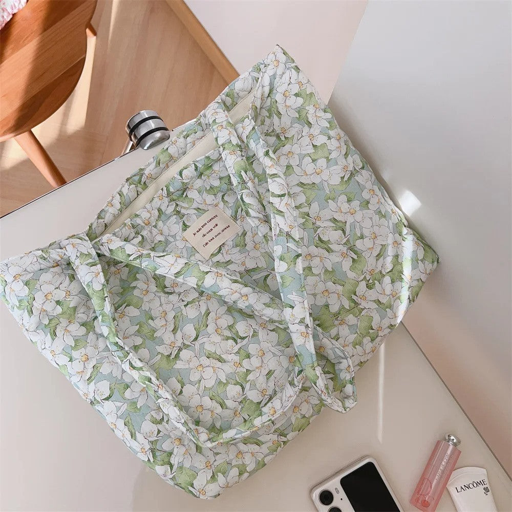 Cotton Floral Tote Bag Women Handbag Trendy Chic Quilted Padded Shoulder Bag