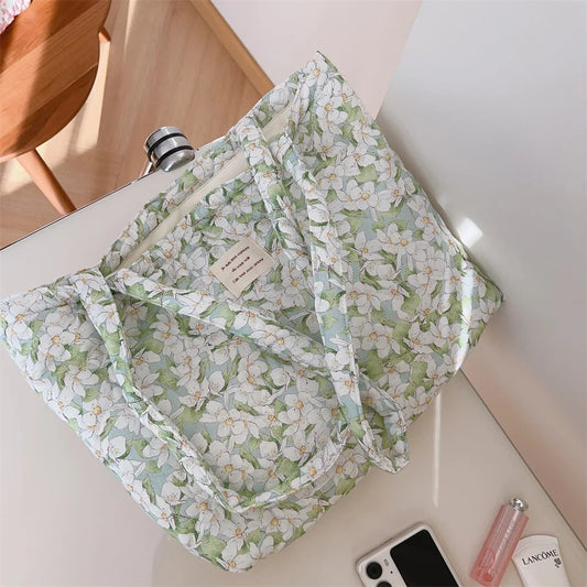 Cotton Floral Tote Bag Women Handbag Trendy Chic Quilted Padded Shoulder Bag