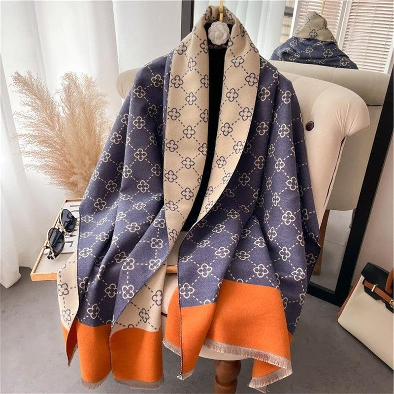 Cashmere Feel Reversible Blue Orange Clover Print Blanket Shawl Scarf