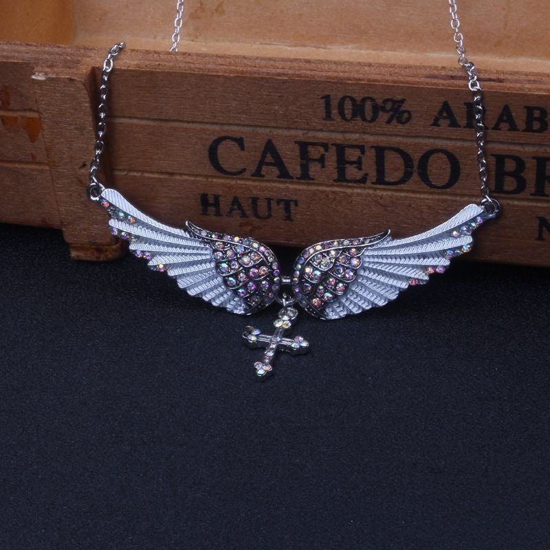 Rhinestone Angel Wing Cross Necklace Gift Set 3 Pcs Pink Blue Silver Jewelry