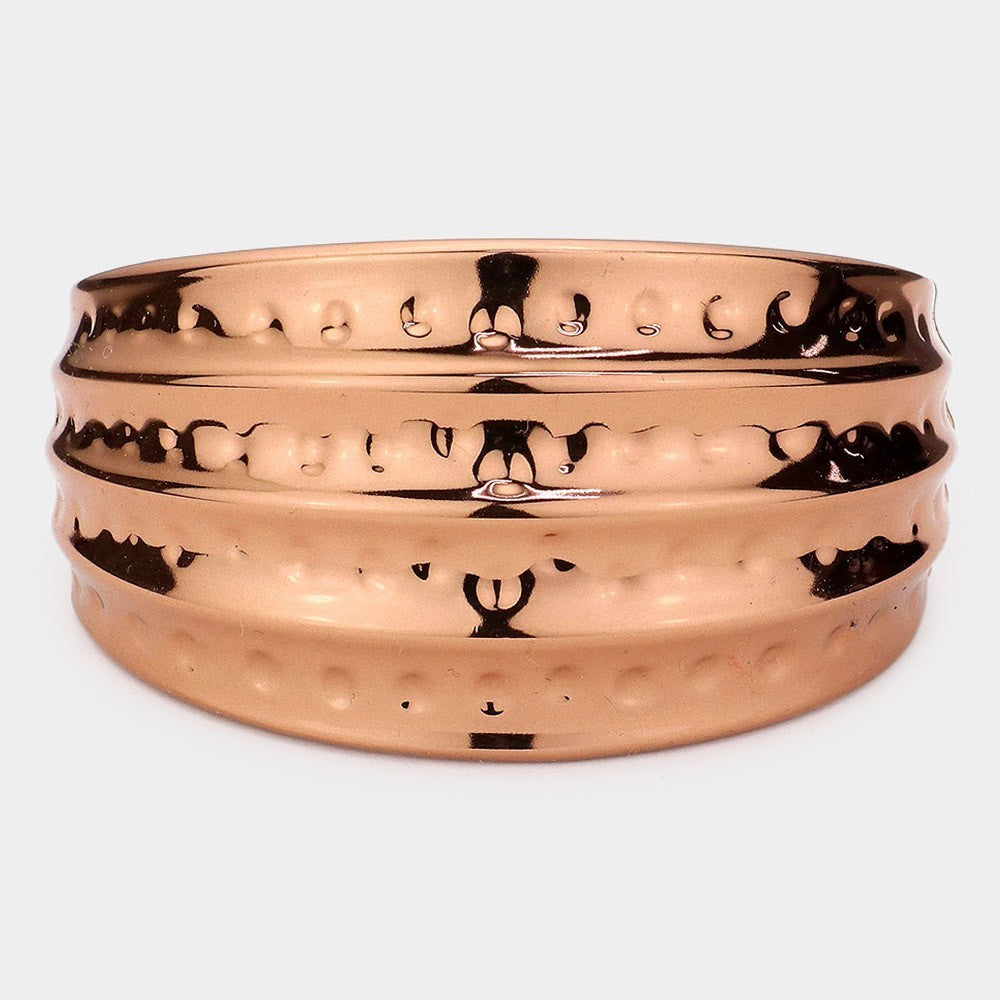 Wide Rose Gold Tone Hammered Bangle Cuff Statement Bracelet Hinged