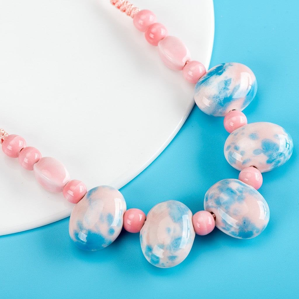 Blue Pink Ceramic Bead Necklace Cobblestone Pendant Boho Vintage Jewelry