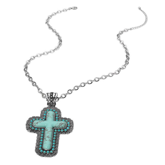 Western Turquoise Style Scalloped Cross Pendant Statement Necklace 24 Inches