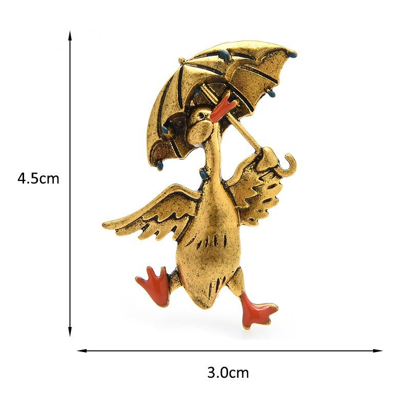 2PCs Duck & Umbrella Brooch Pin Set Vintage Style Gold  and Silver Tone Jewelry