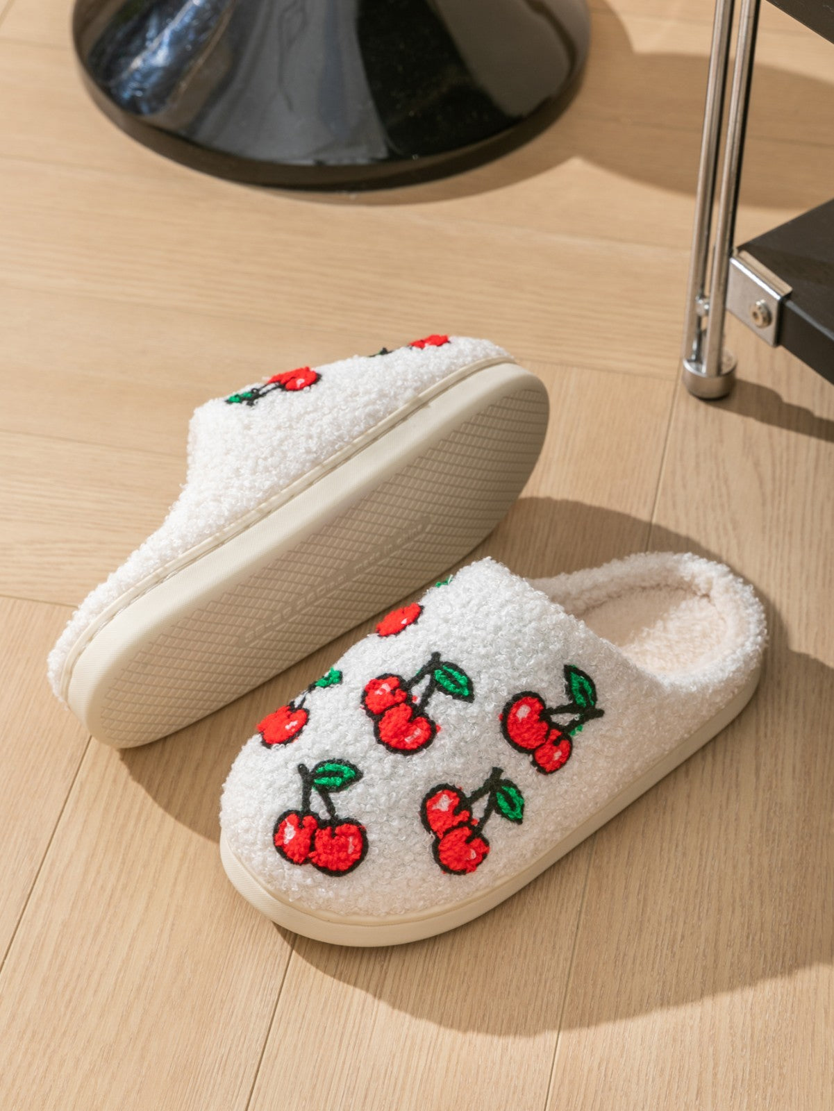 Warm Cherry House Slippers Women Sherpa Plush Fuzzy Non-Slip Indoor Home Shoes