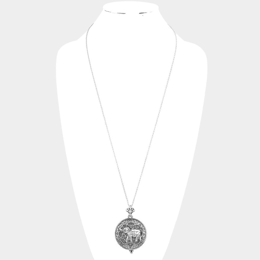 Silver Elephant Magnifying Glass Pendant Long Necklace Vintage Style Jewelry
