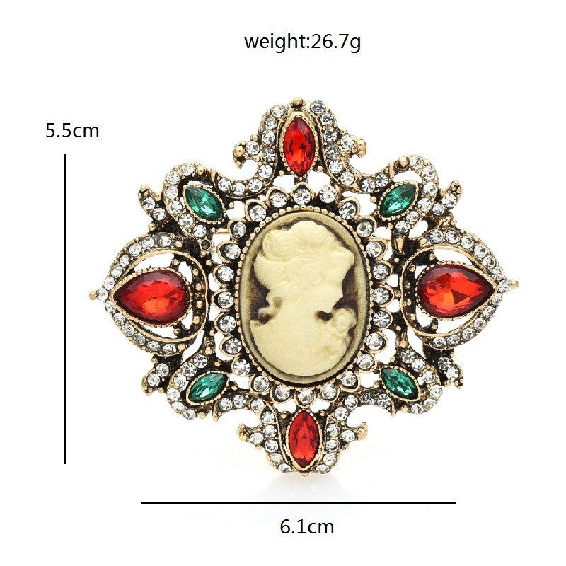 Victorian Style Cameo Brooch Pin Red Green Rhinestone Crystal Antique Gold Tone