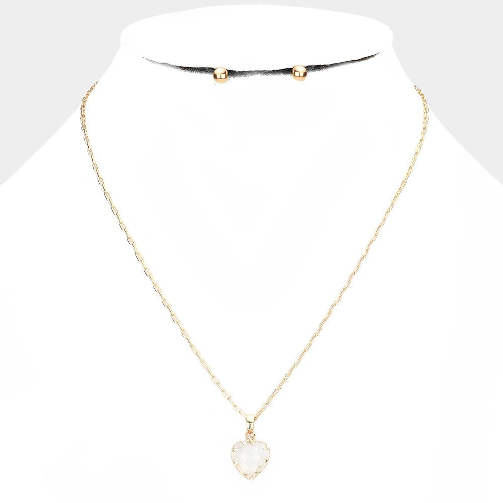 2pc Gold Tone Heart Pendant Necklace and Ball Stud Earrings Jewelry Set for Her