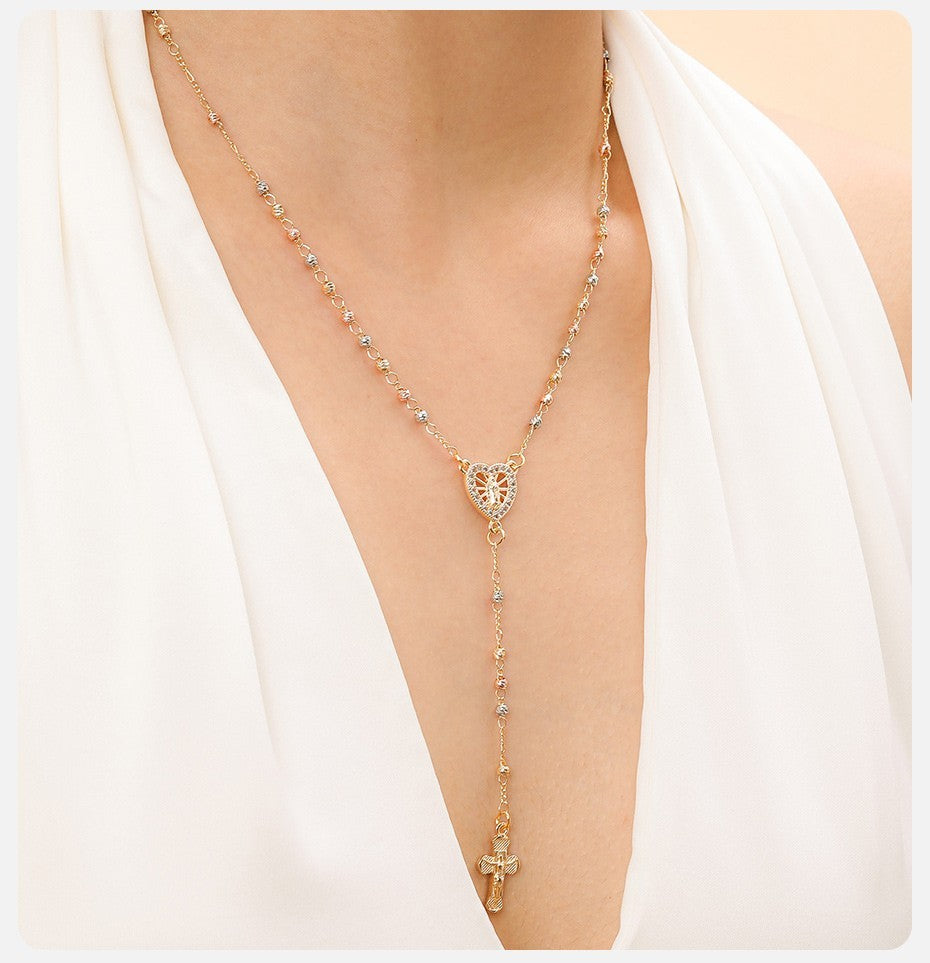 Copper Cubic Zirconia Rosary Y-Necklace Heart Centerpiece Cross Pendant