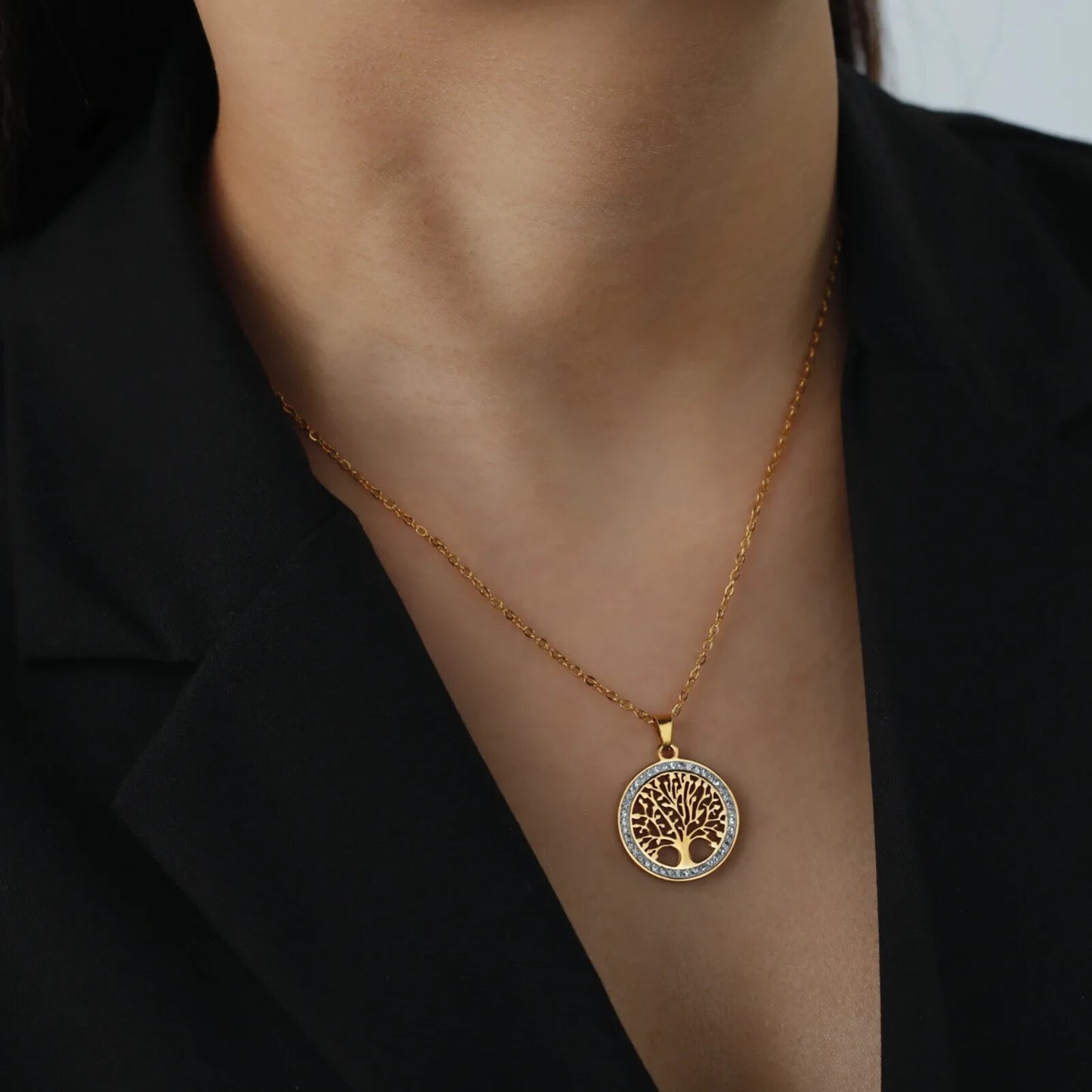 Gold Color Tree of Life Necklace for Women Stainless Steel Zircon Pendant Gift