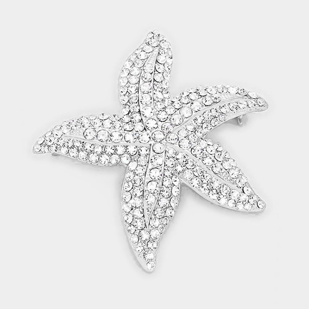 2pcs Large Starfish Brooch Set Gold Amber and Silver Crystal Sea Life Pin
