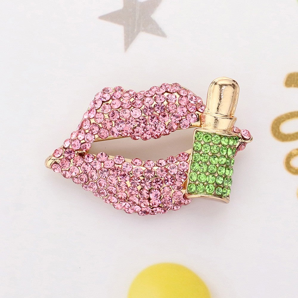 Pink Rhinestone Lips & Lipstick Brooch - Sparkling Beauty Statement Pin