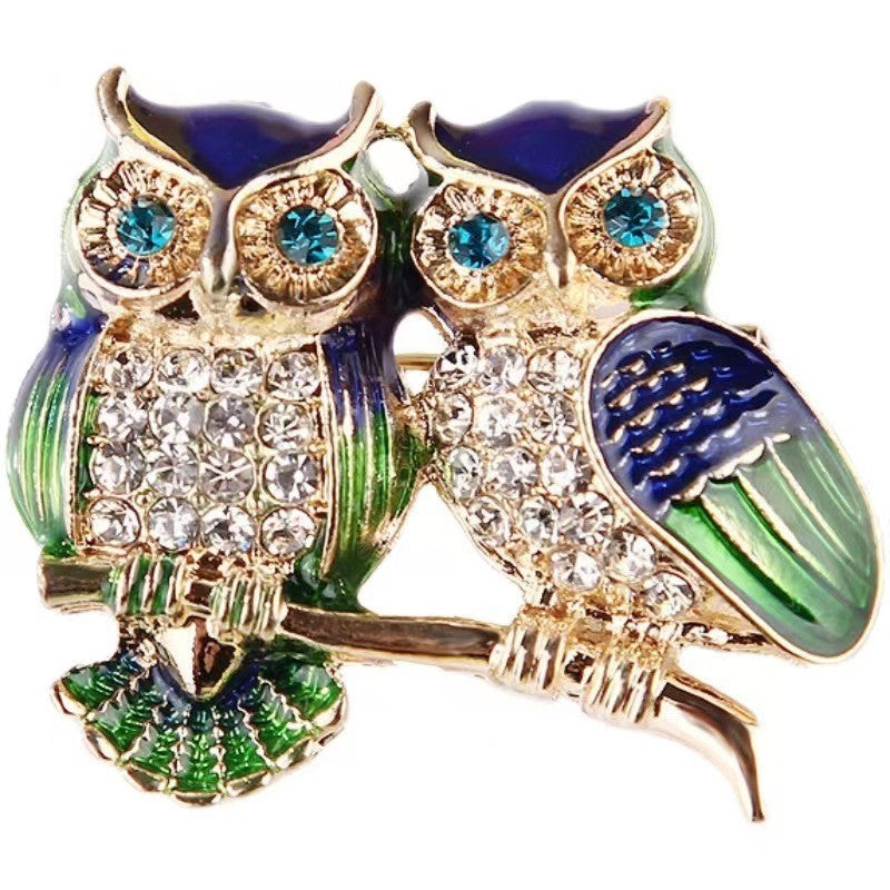 Owl Couple Brooch Pin Rhinestone Enamel Bird Jewelry Gift