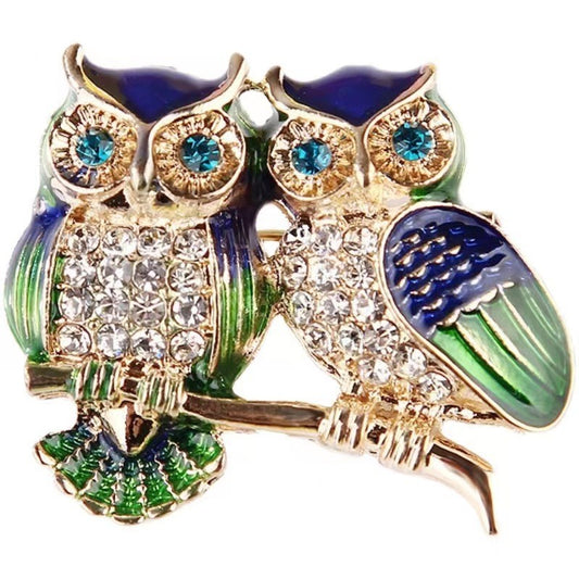 Owl Couple Brooch Pin Rhinestone Enamel Bird Jewelry Gift