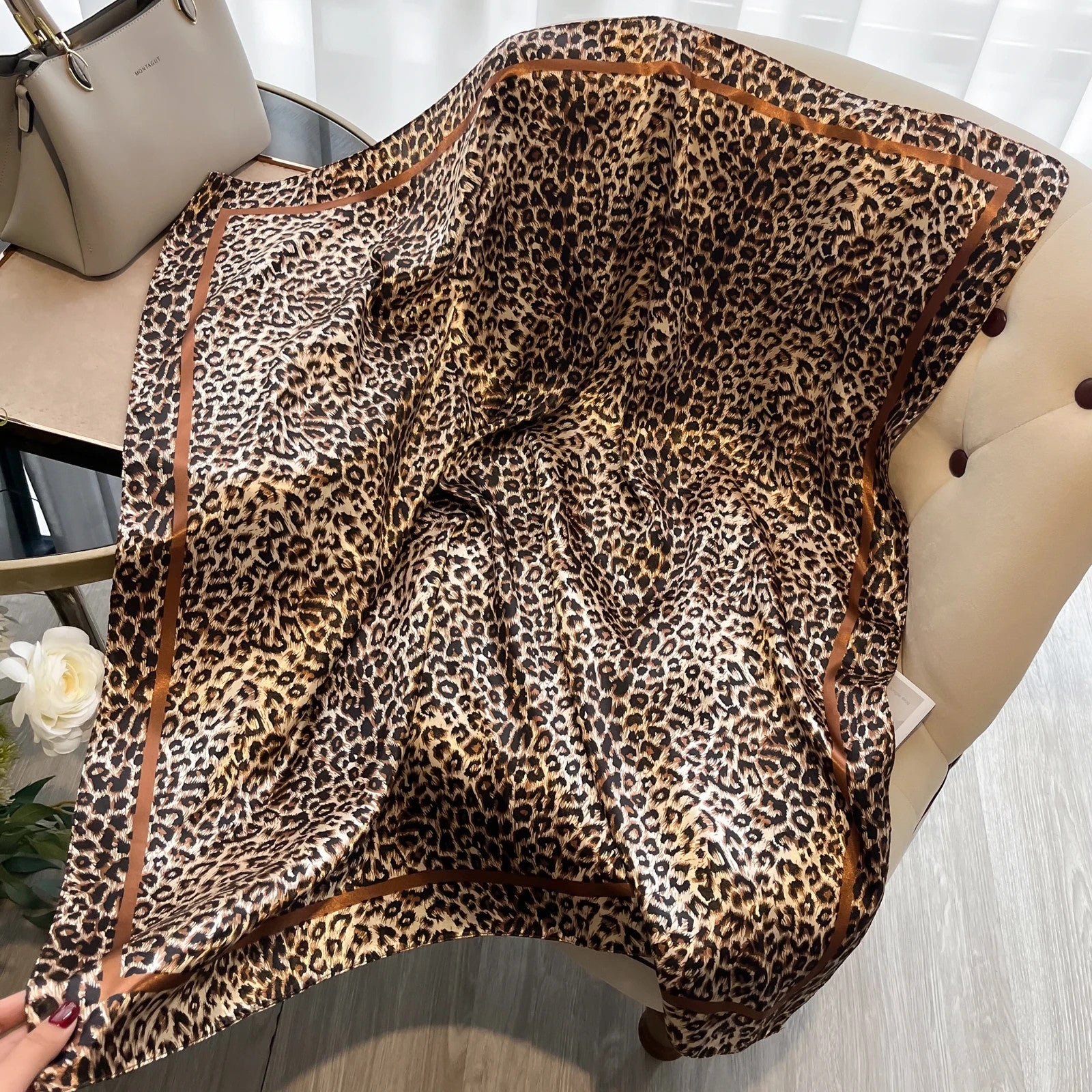 Leopard Print Scarf  for Women Brown Silk Feel Satin Square Head Neck Tie 35in