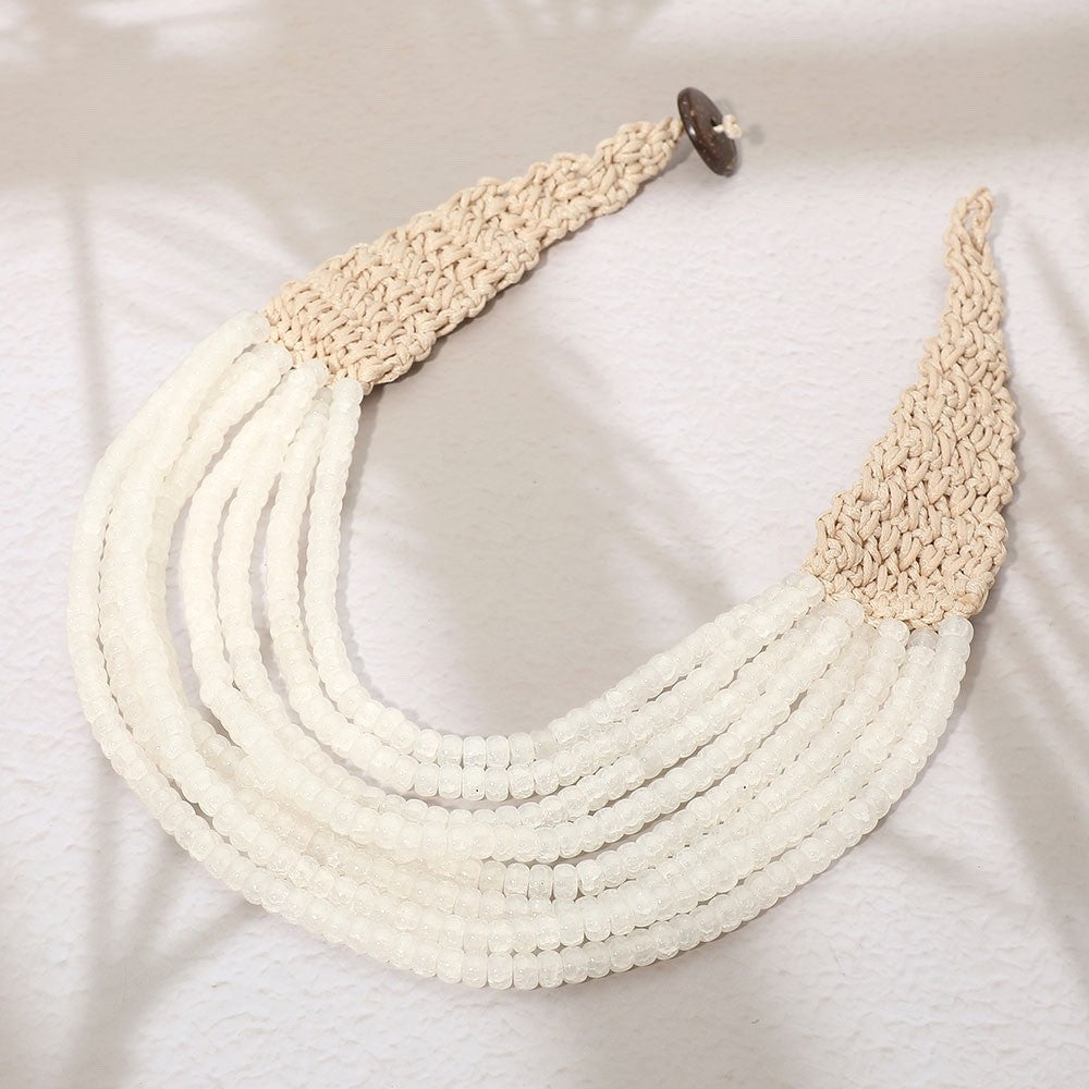 Handmade Multi-Strand White Seed Bead Statement Necklace with Woven Crochet Stra