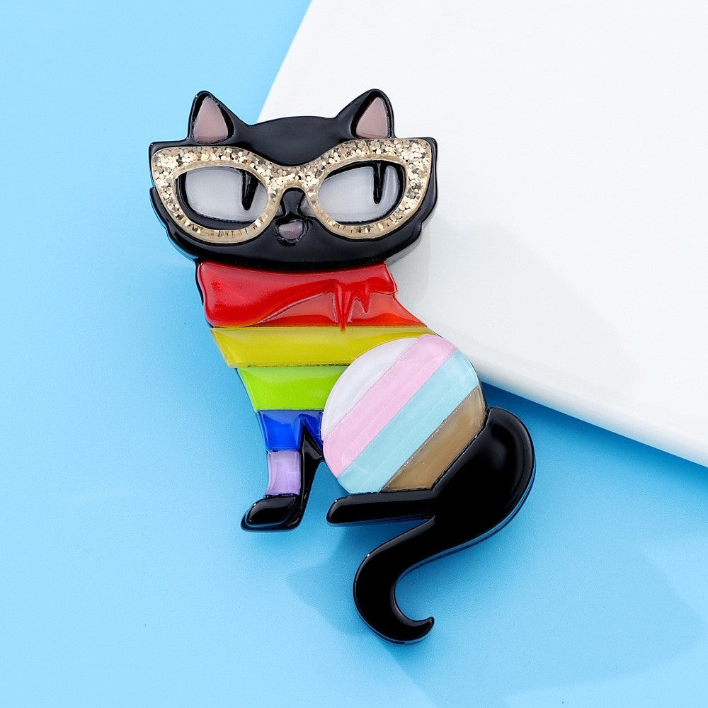 Colorful Acrylic Cat Brooch Pin Sparkle Glitter Glasses Fun Whimsical Badge