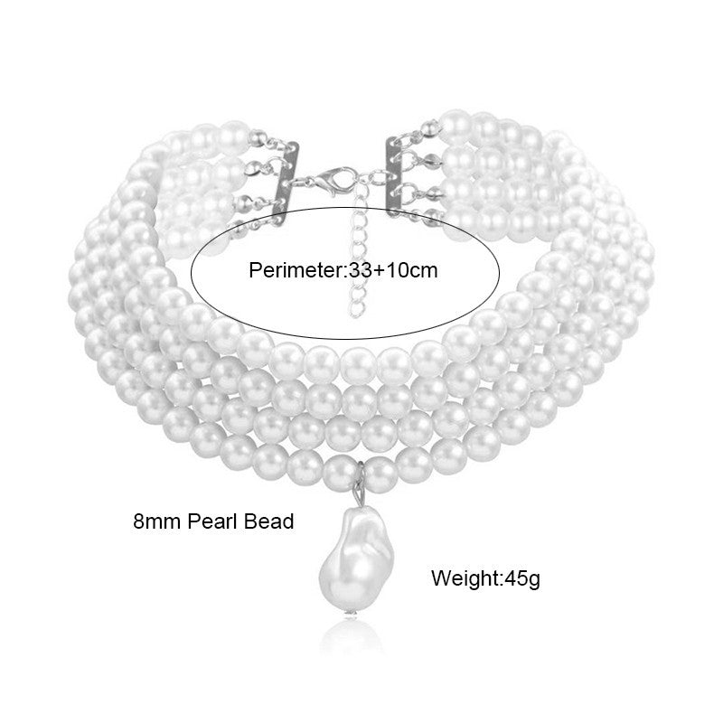 4 Row Faux Pearl Choker Necklace Baroque Pearl Pendant Statement Bridal Jewelry
