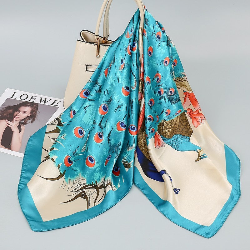 Beautiful 35" Peacock Silk Square Scarf - Large Head Neck Bag Wrap
