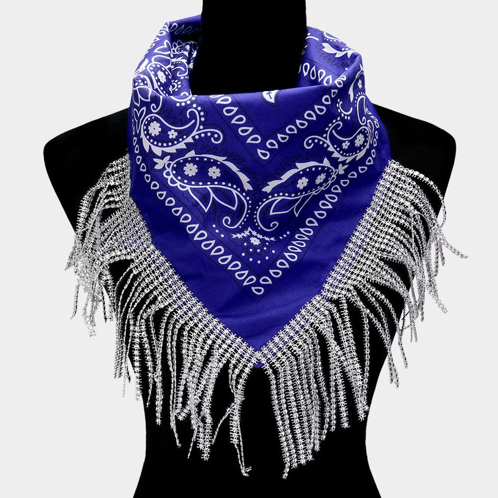 Rhinestone Like Fringe Ends Paisley Pattern Cowgirl Bandana Scarf for Women Blue