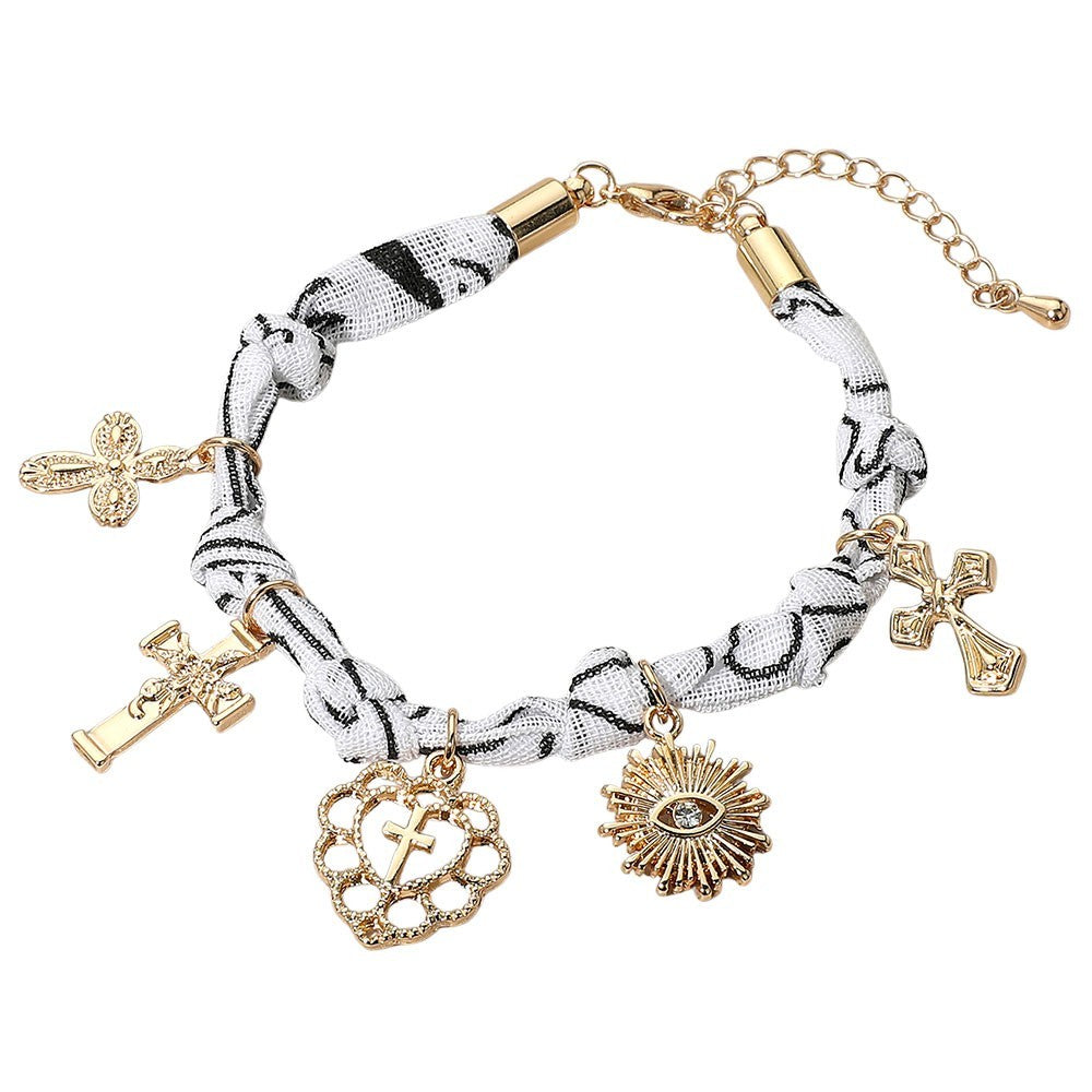 Multi Charm Religious Cross Evil Eye Fabric Knotted Rope Bracelet Gold Tone