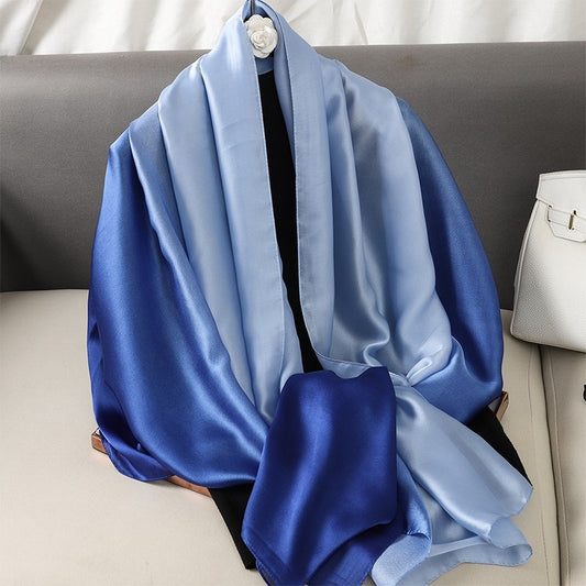 Blue Ombre Satin Scarf Shawl Two-Tone Navy Light Blue Fashion Wrap