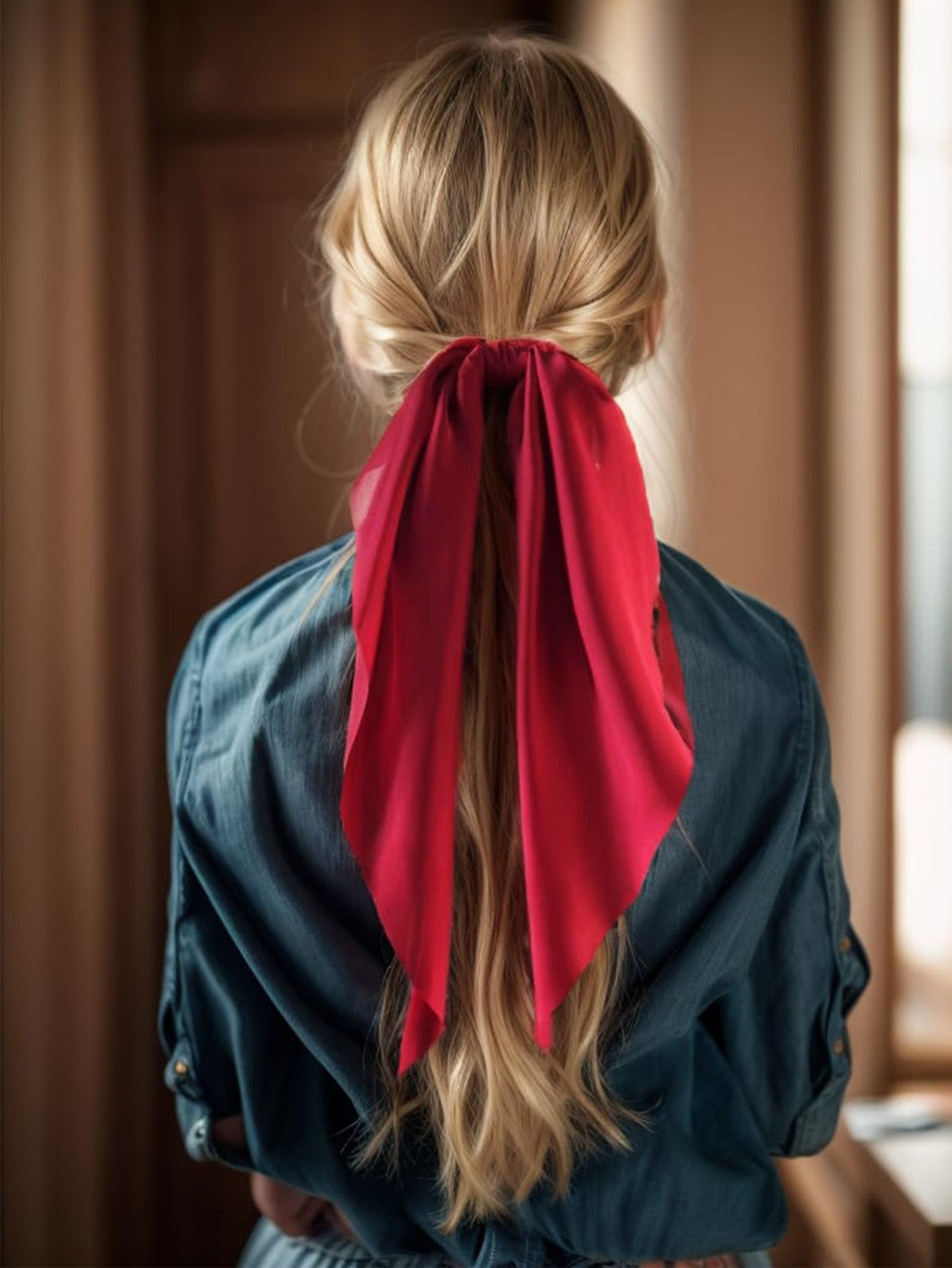 3pcs Red Floral Paisley Satin Scarf Scrunchies Hair Bow Ponytail Holder