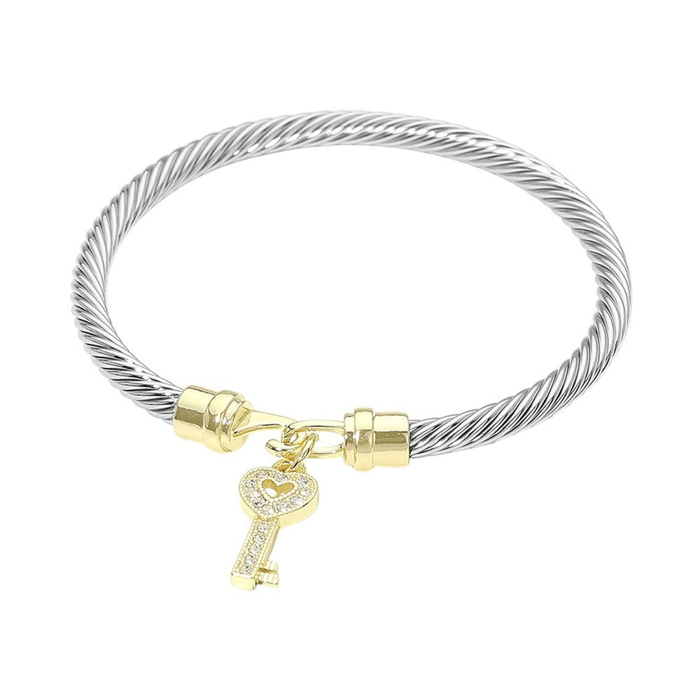 2pc Two Tone Twisted Cable Bangle Bracelet Gold Key Heart CZ Charm Hook Closure