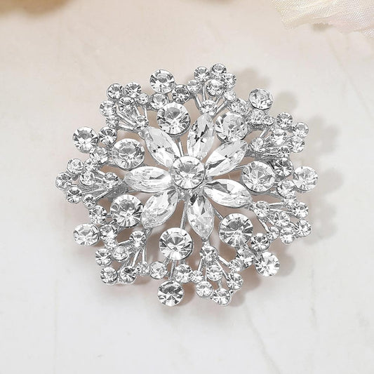 Elegant Silver Floral Snowflake Crystal Rhinestone Brooch Pin