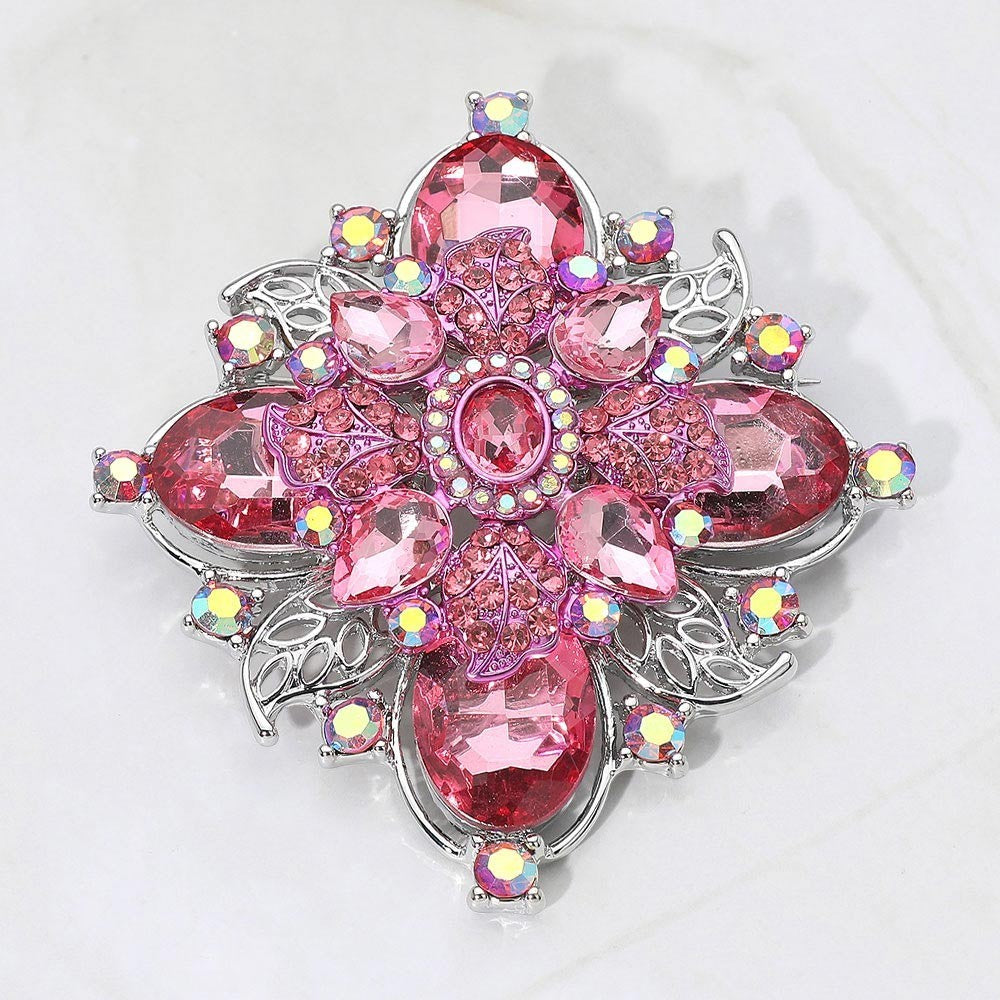 Vintage Bold Floral Pink Rhinestone Crystal Pin Brooch for Women Silver Tone