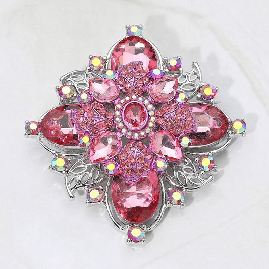 Vintage Bold Floral Pink Rhinestone Crystal Pin Brooch for Women Silver Tone