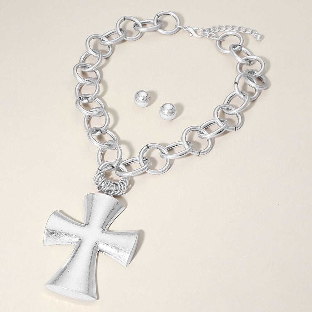 Chunky Cross Pendant Necklace Matte Metal Pointed Chain Statement Jewelry Silver