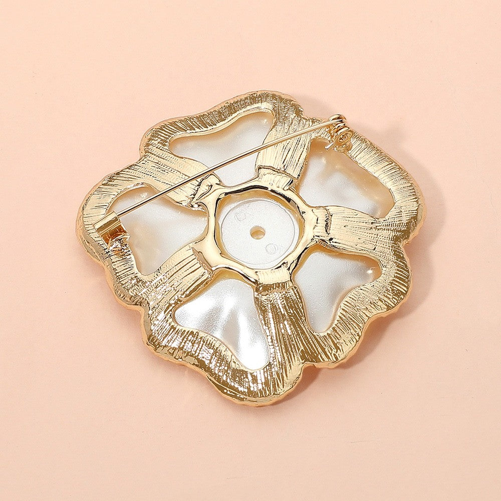 White Pearlescent Camellia Rose Flower Gold Tone Rhinestone Statement Brooch Pin