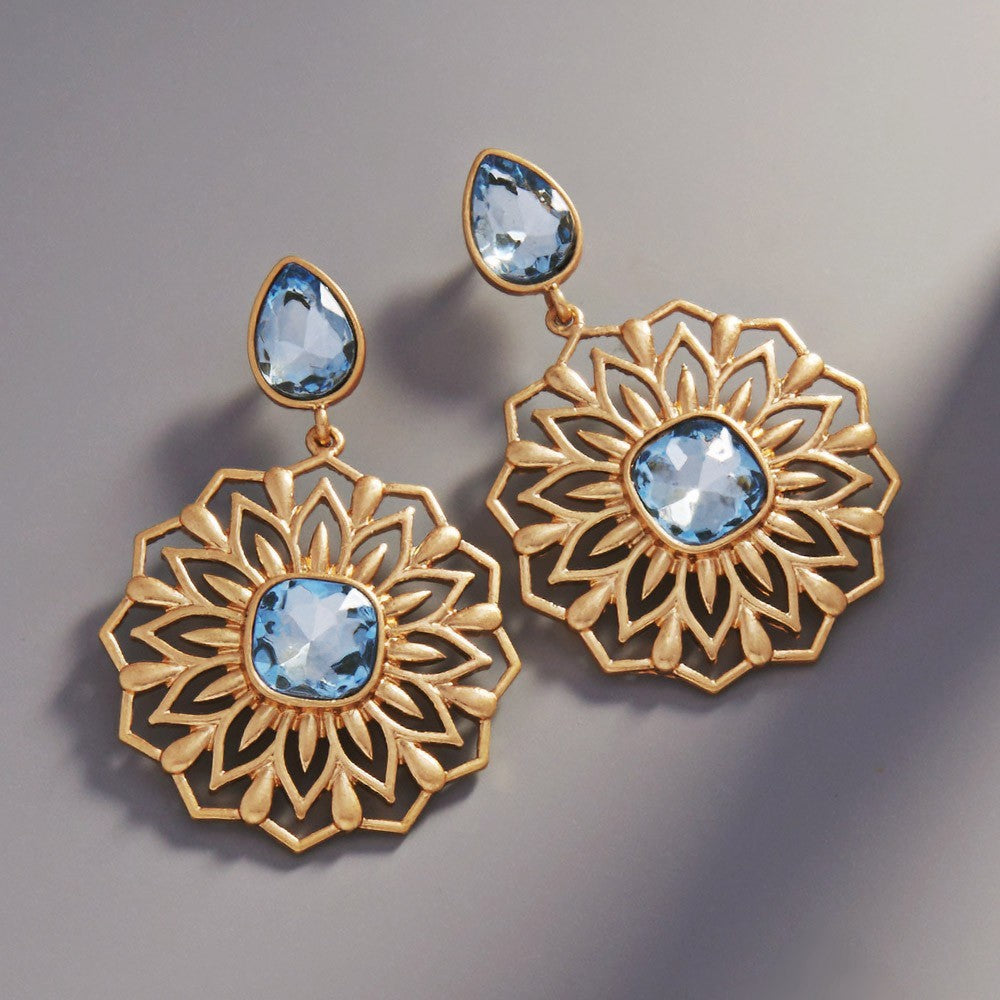Statement Gold Tone Filigree Dangle Earrings Blue Crystal Pear Cushion Cut