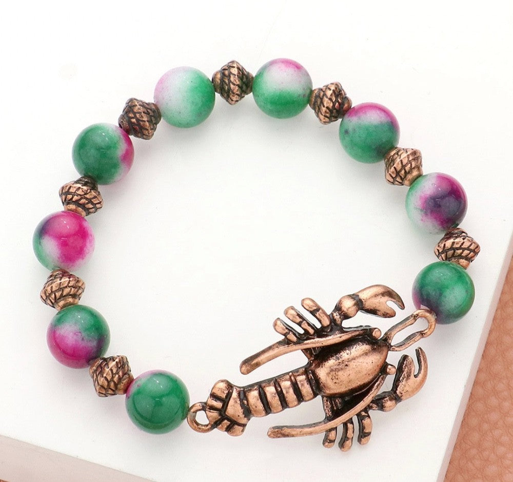 Antique Copper Lobster Nautical Stretch Bracelet Green Pink Natural Stone Beads