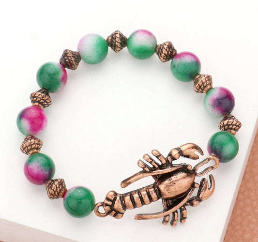Antique Copper Lobster Nautical Stretch Bracelet Green Pink Natural Stone Beads