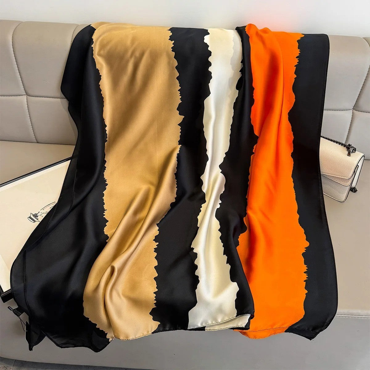 Oversized Silk Feel Scarf Abstract Block Wrap Orange Black Gold 71" x 35"