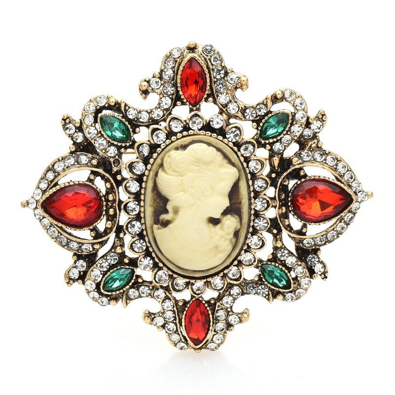 Victorian Style Cameo Brooch Pin Red Green Rhinestone Crystal Antique Gold Tone