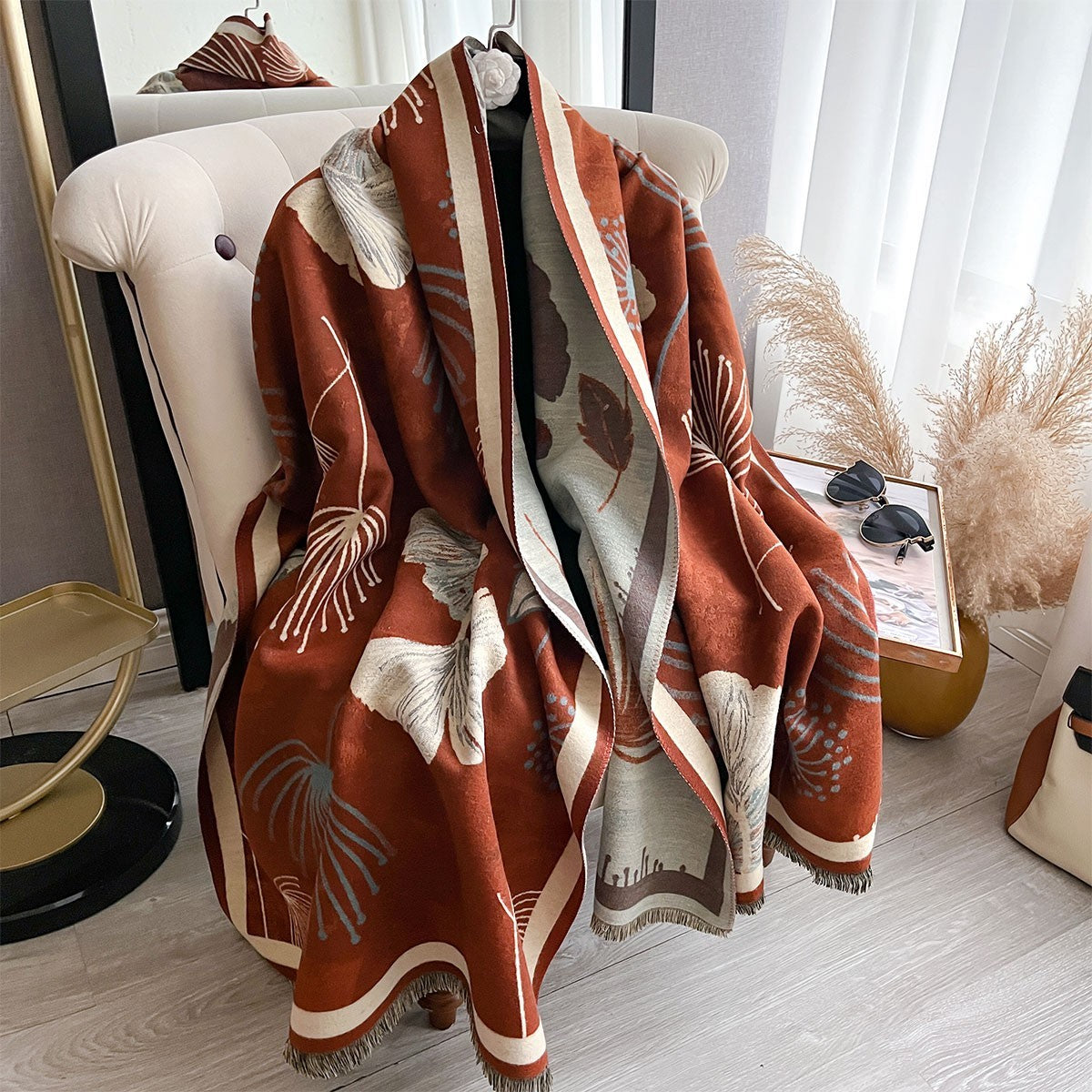 Oversize Burnt Orange Floral Shawl Wrap Scarf Cashmere Feel Woven Print