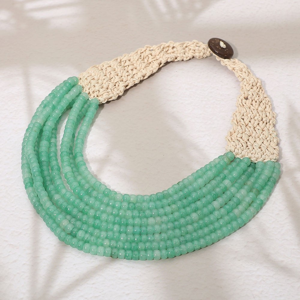 Handmade Multi-Strand Mint Green Seed Bead Statement Necklace with Crochet Strap