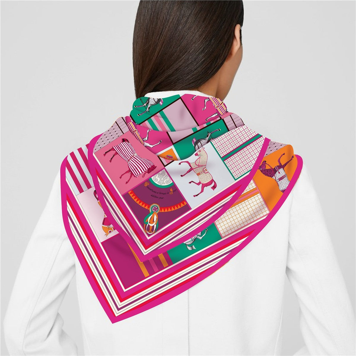 Equestrian Horse Print Scarf 90cm Pink Green Square Neck Head Wrap Bandana