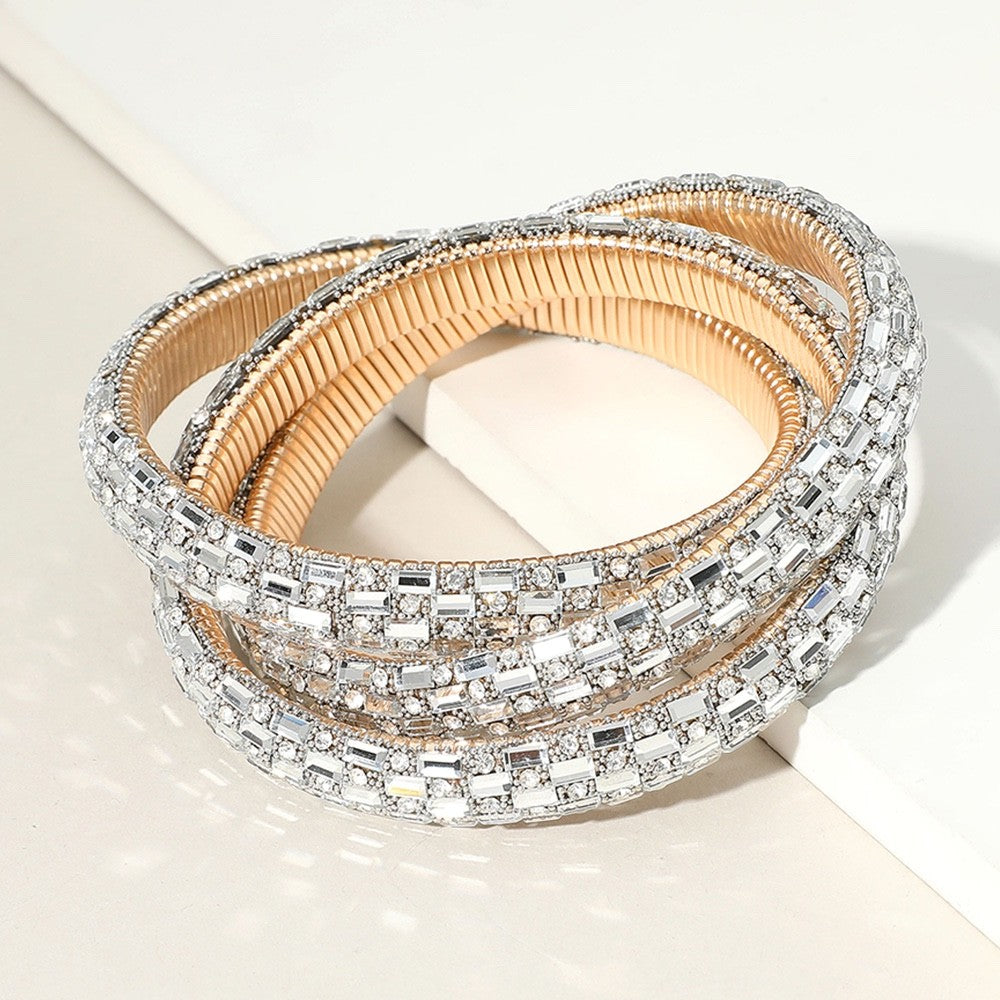 Silver Rhinestone Baguette Crystal Stackable Coil Wrap Bracelet 1.5" H 2.4" D