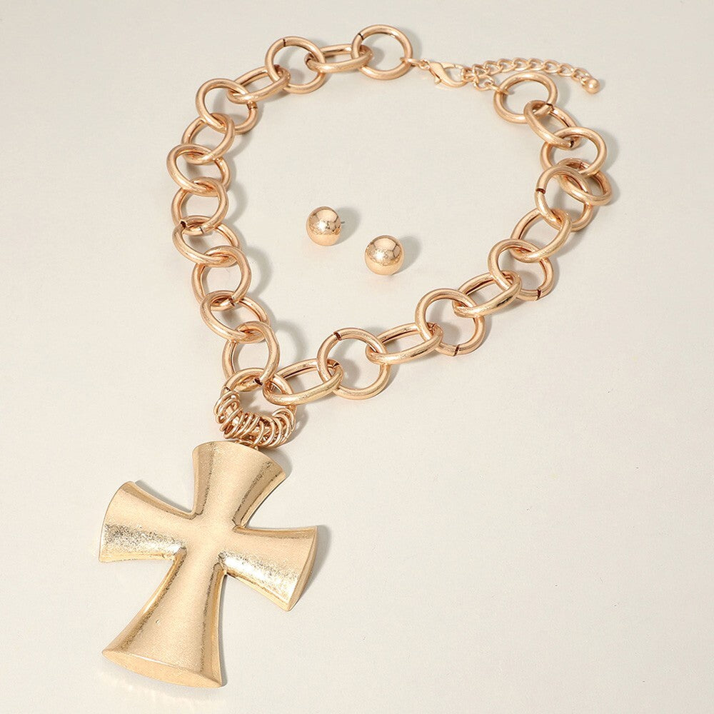 Chunky Cross Pendant Necklace Matte Metal Pointed Chain Statement Jewelry
