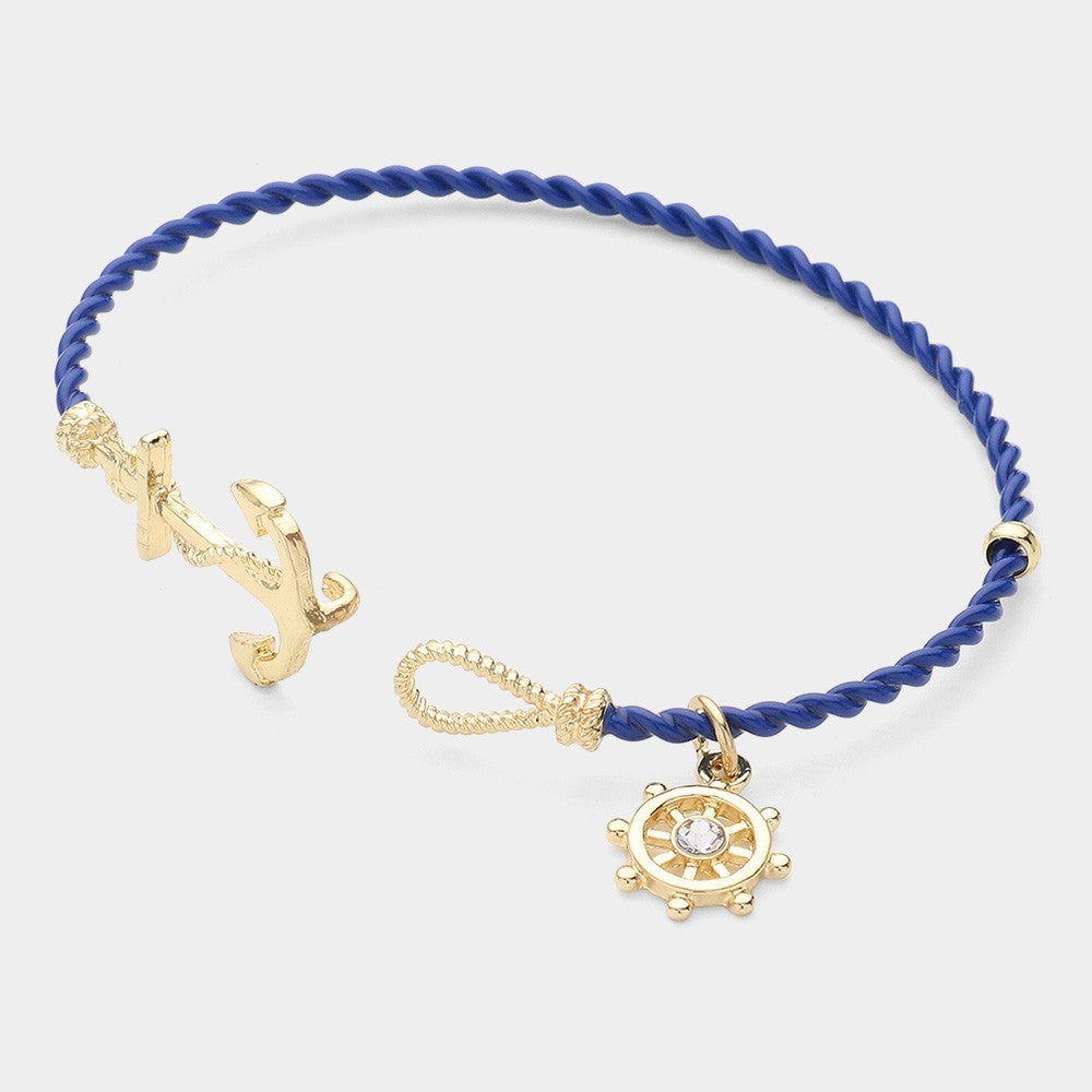 Nautical Blue Rope Bracelet Anchor Clasp Ship Wheel Charm Coastal Jewelry