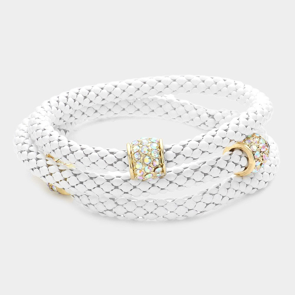 3pcs White Braided Leather Bracelets Gold Rhinestone Clasp Stretchable Bracelets