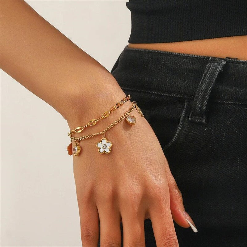 Yellow Gold Plated Double Layered Chain Charm Bracelet with Flowers & Hearts