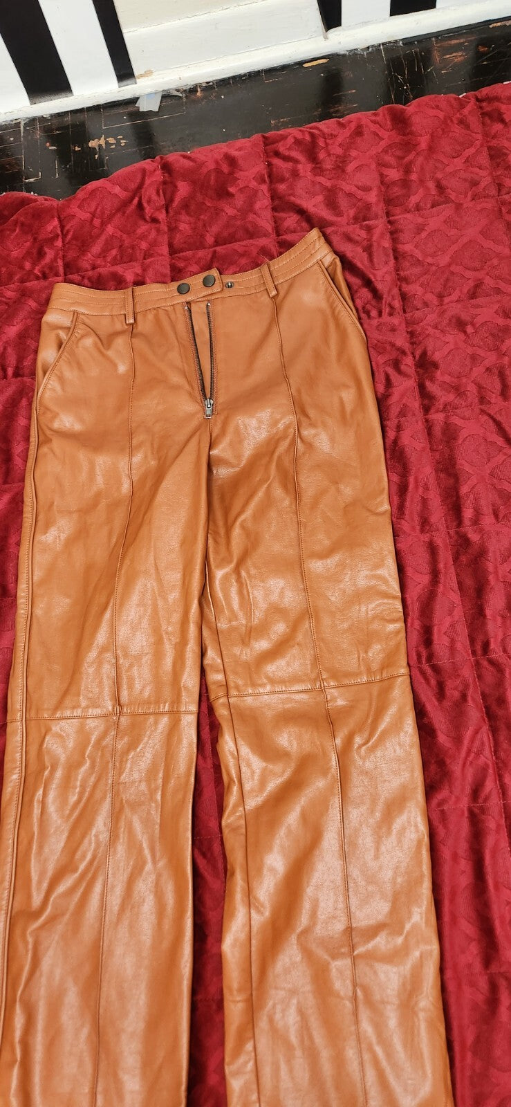 Elevated Option Brown Vegan Leather Straight Leg Pants Zip-Front Medium Lulus