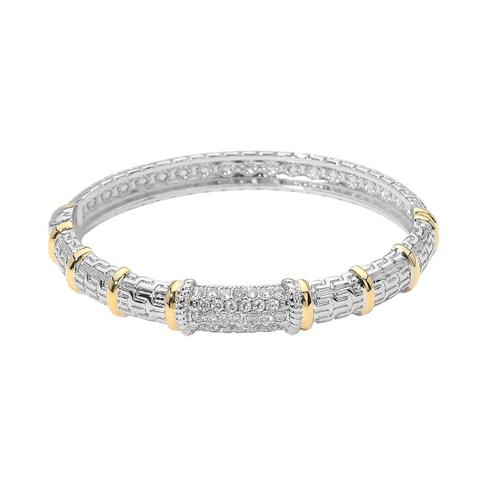 Elegant Two-Tone Greek Key Pave Crystal Hinge Bangle Bracelet