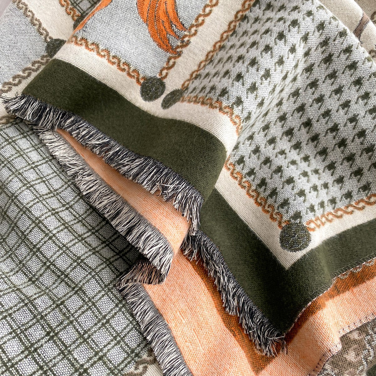 Oversized Equestrian Horse Patchwork Plaid Scarf Shawl Wrap Fringed Fall Winter